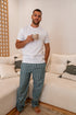 Men summer pajama set White T-shirt + Dark Green X White Striped Pants